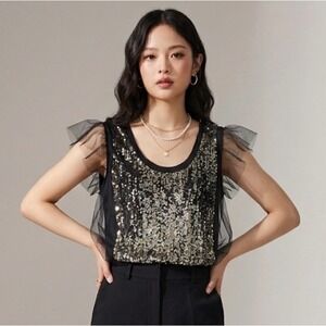 Hamii y Black Sequin silk Tulle Ruffle party top runway sz 42 / M edgy revolve